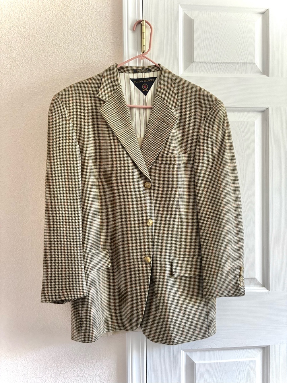 Vintage Tommy Hilfiger Brown Wool Houndstooth Blazer Sport Jacket 41R